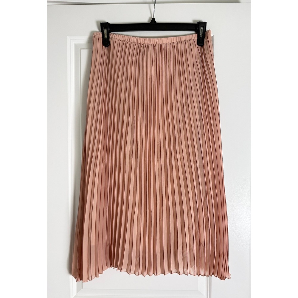 WD-NY Pink Pleated Midi Skirt Women Large Elastic Waist Accordion Stripe Blush